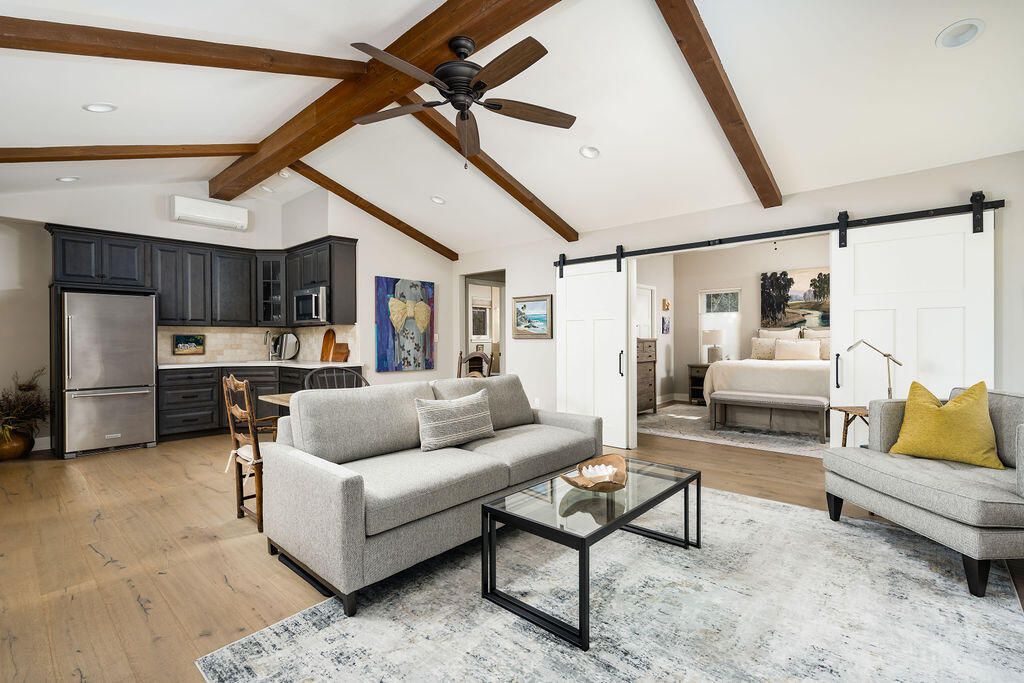 Interior, Kitchen, Living room, Recessed Lighting, Stainless Steel Appliances, Wooden Beams, Wood Texture Flooring