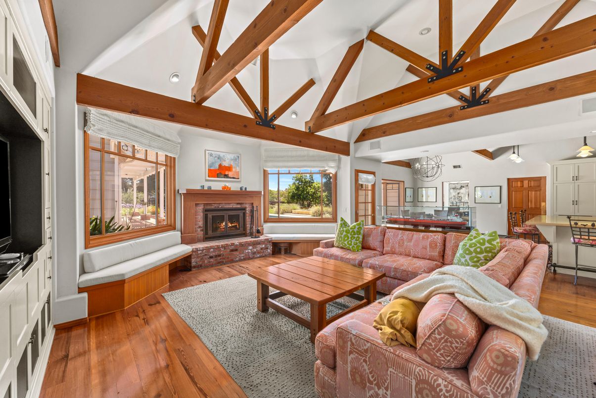 Fireplace, Interior, Living room, Recessed Lighting, Wooden Beams, Wood Texture Flooring