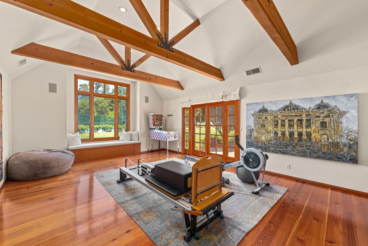 Fitness Equipment, Interior, Recessed Lighting, Wooden Beams, Wood Texture Flooring