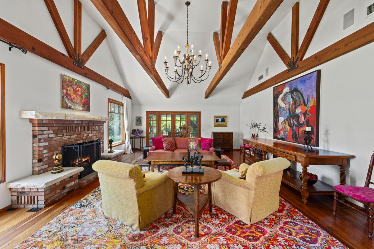 Chandelier, Fireplace, Interior, Living room, Wooden Beams, Wood Texture Flooring