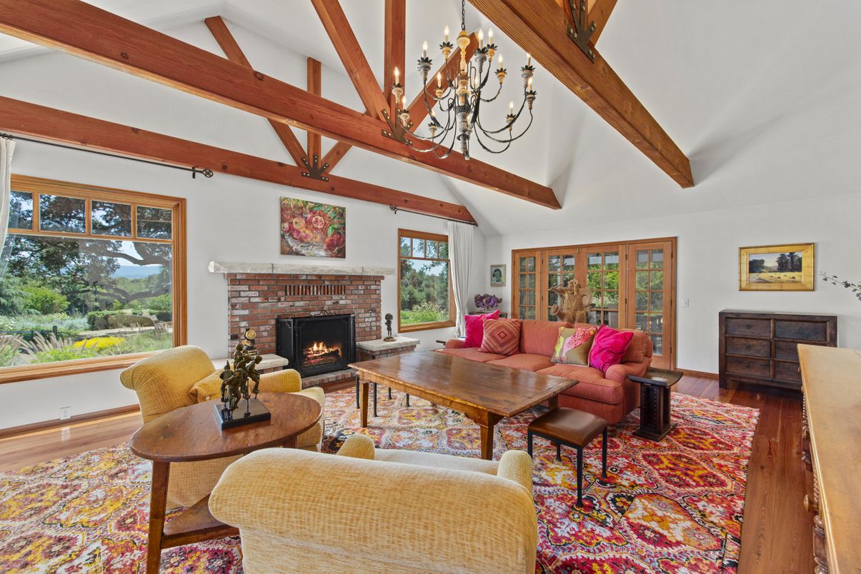 Chandelier, Fireplace, Interior, Living room, Wooden Beams, Wood Texture Flooring