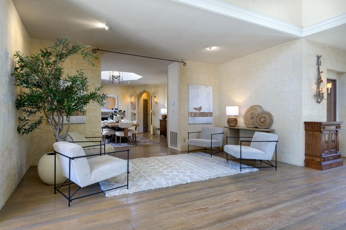 Chandelier, Dining room, Interior, Recessed Lighting, Stone Walls, Wood Texture Flooring