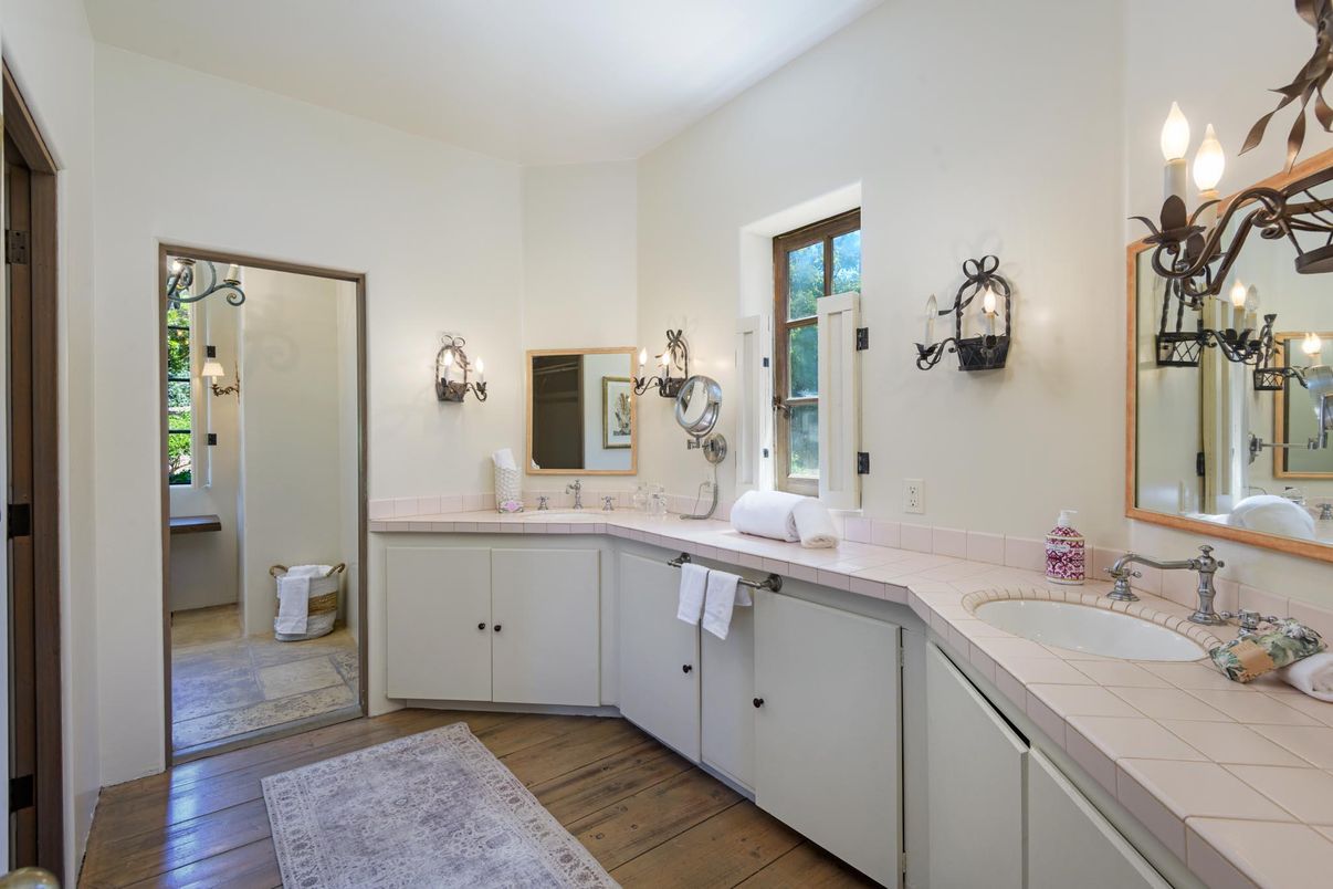 Bathroom, Dual Sink Vanities, Interior, Tile Countertops, Wood Texture Flooring