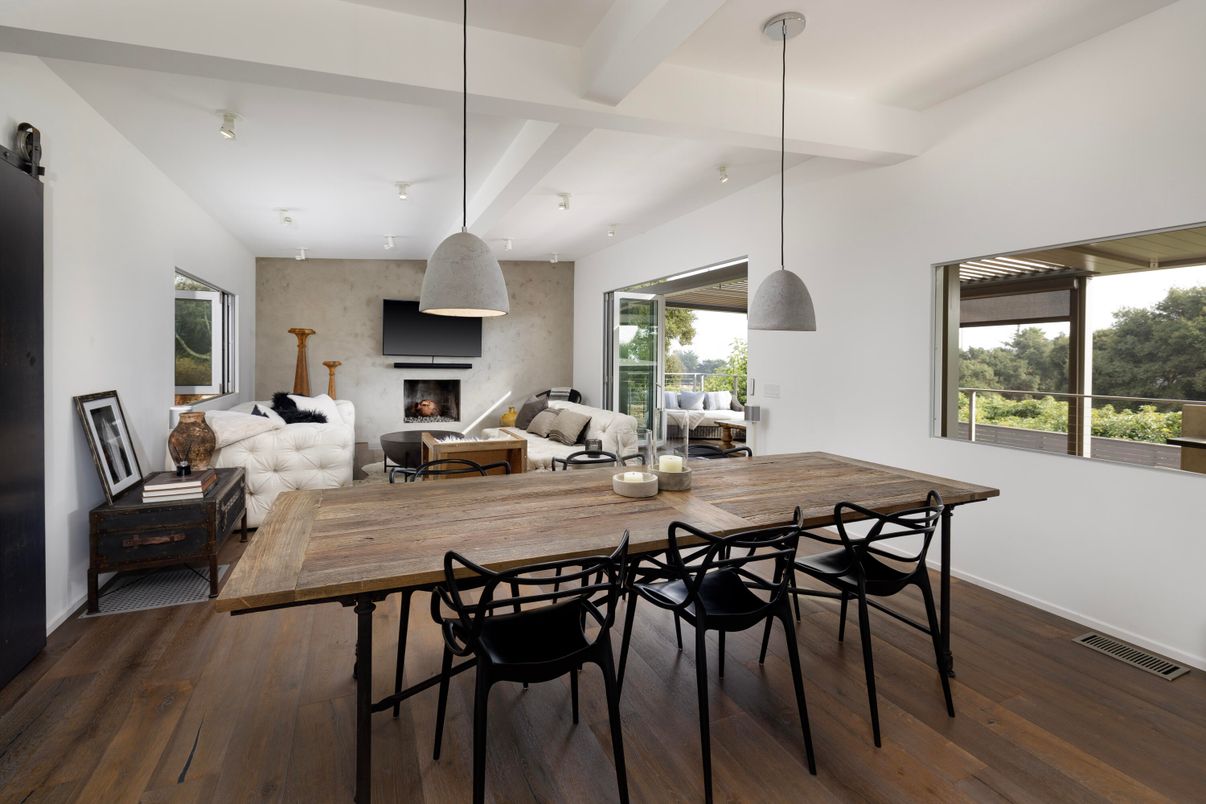 Dining room, Fireplace, Interior, Living room, Pendant Lights, Wood Texture Flooring