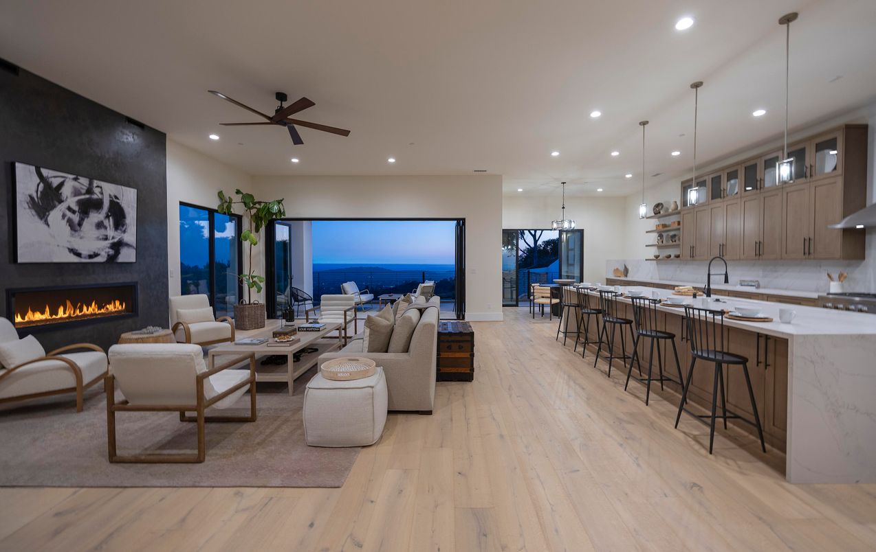 Fireplace, Interior, Kitchen, Living room, Pendant Lights, Recessed Lighting, Water, Wood Texture Flooring