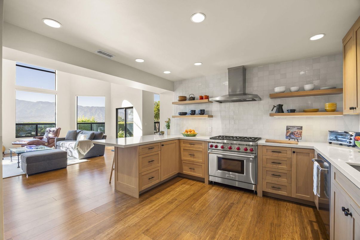 Interior, Kitchen, Living room, Recessed Lighting, Stainless Steel Appliances, Wood Texture Flooring