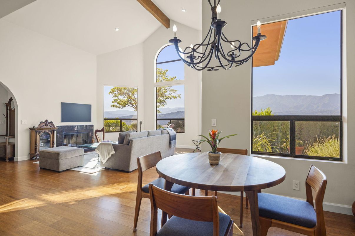 Chandelier, Dining room, Fireplace, Interior, Living room, Recessed Lighting, Wood Texture Flooring