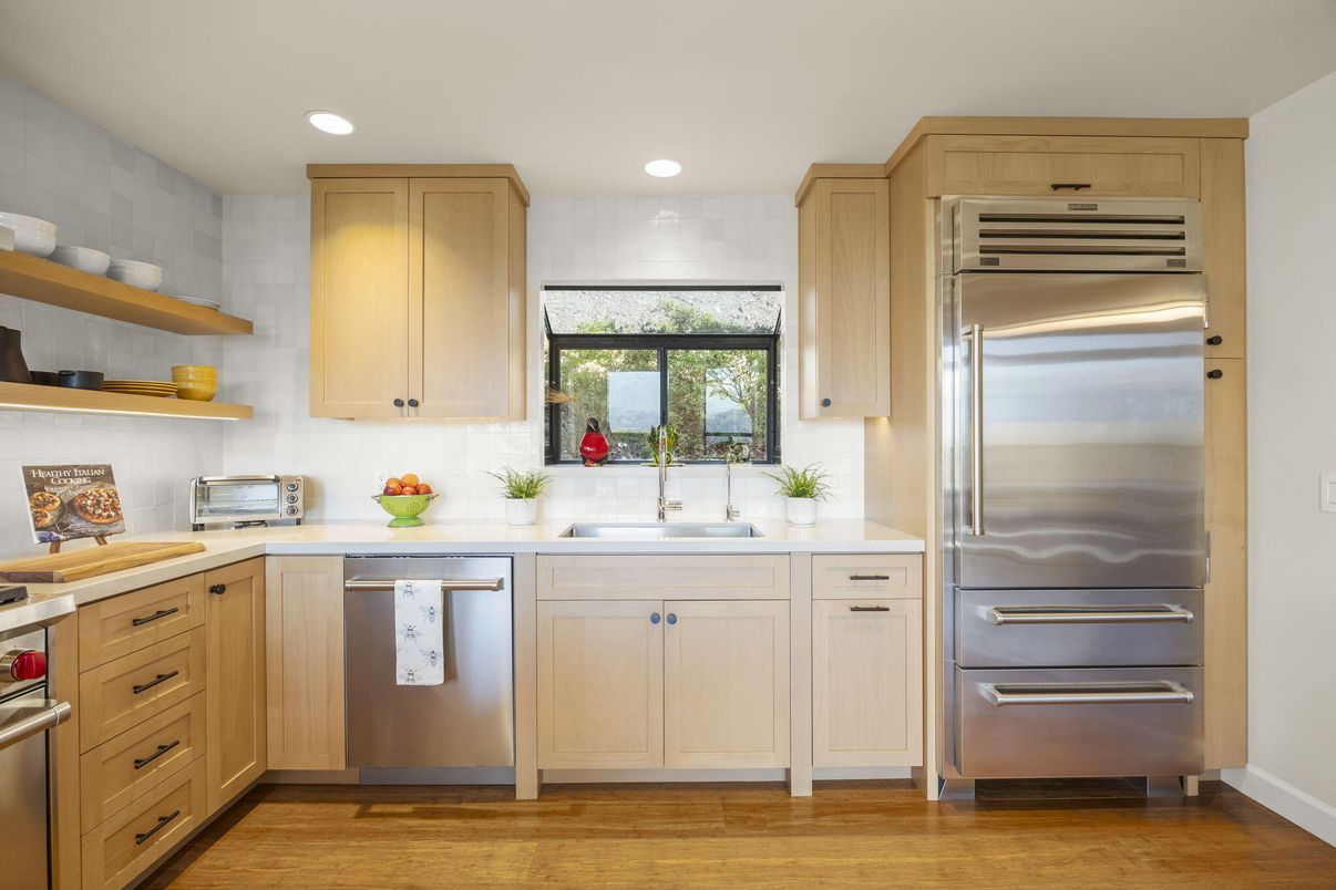 Interior, Kitchen, Recessed Lighting, Stainless Steel Appliances, Wood Texture Flooring