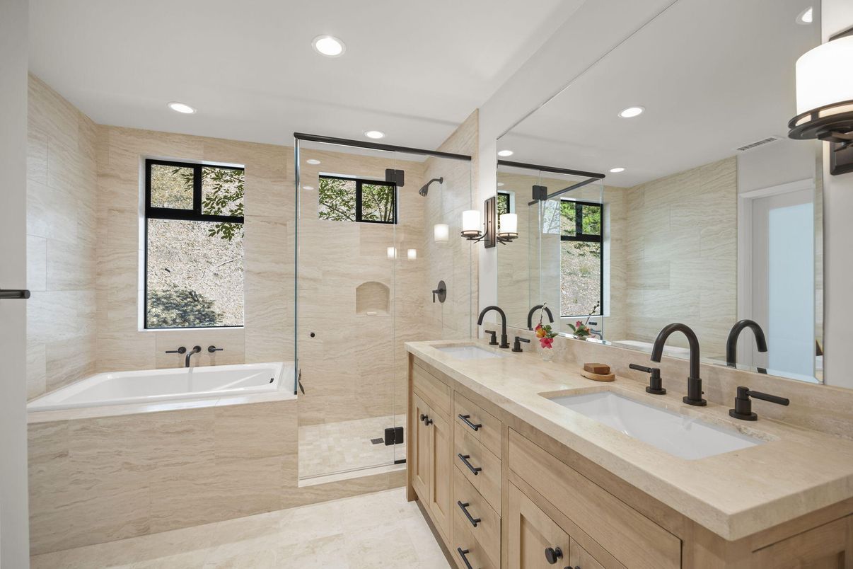 Bathroom, Dual Sink Vanities, Glass Shower, Interior, Recessed Lighting