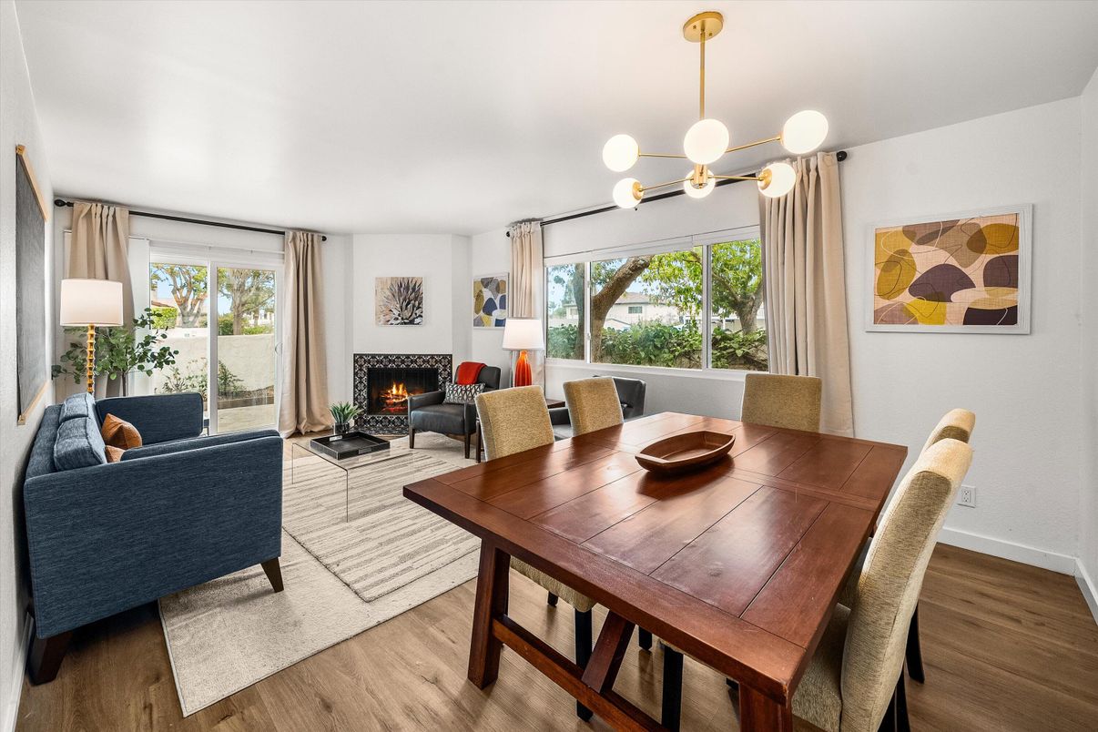 Dining room, Fireplace, Interior, Living room, Pendant Lights, Wood Texture Flooring