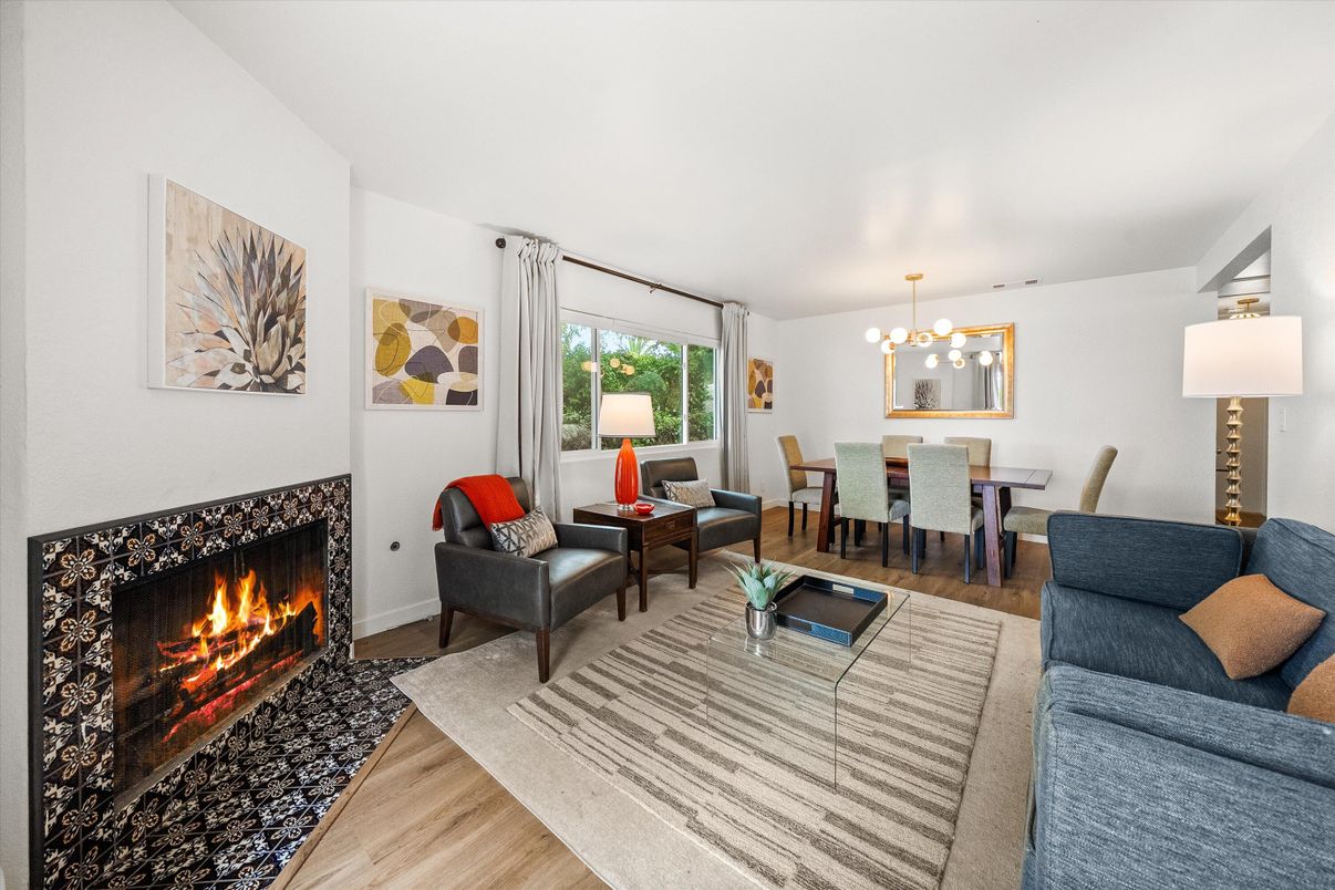 Dining room, Fireplace, Interior, Living room, Pendant Lights, Wood Texture Flooring