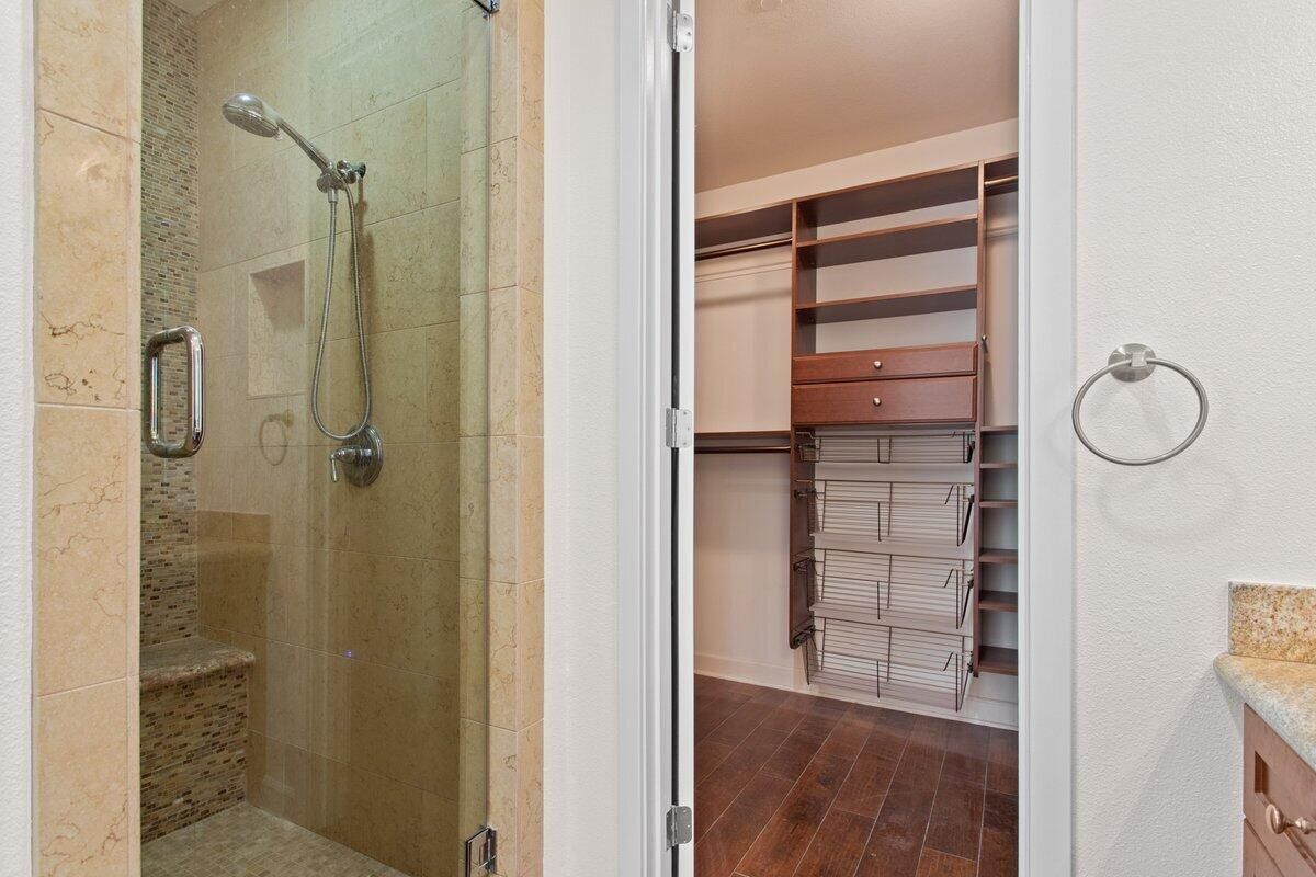 Bathroom, Glass Shower, Interior, Wood Texture Flooring