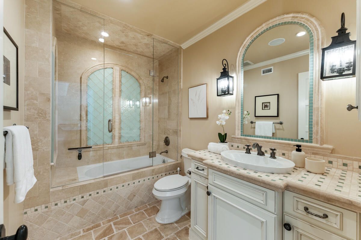 Bathroom, Glass Shower, Interior, Recessed Lighting, Tile Countertops