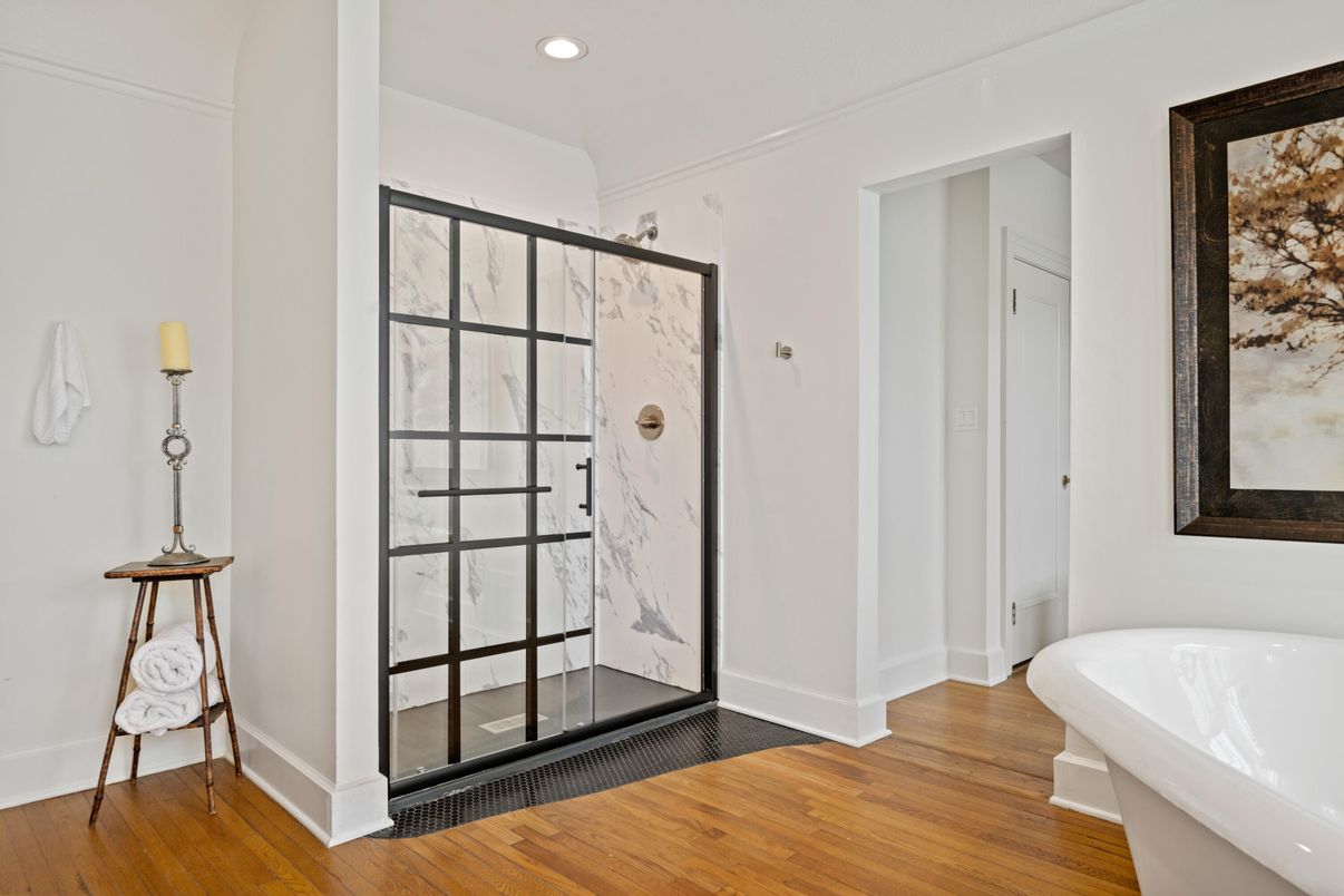 Bathroom, Free Standing Baths, Glass Shower, Interior, Recessed Lighting, Wood Texture Flooring