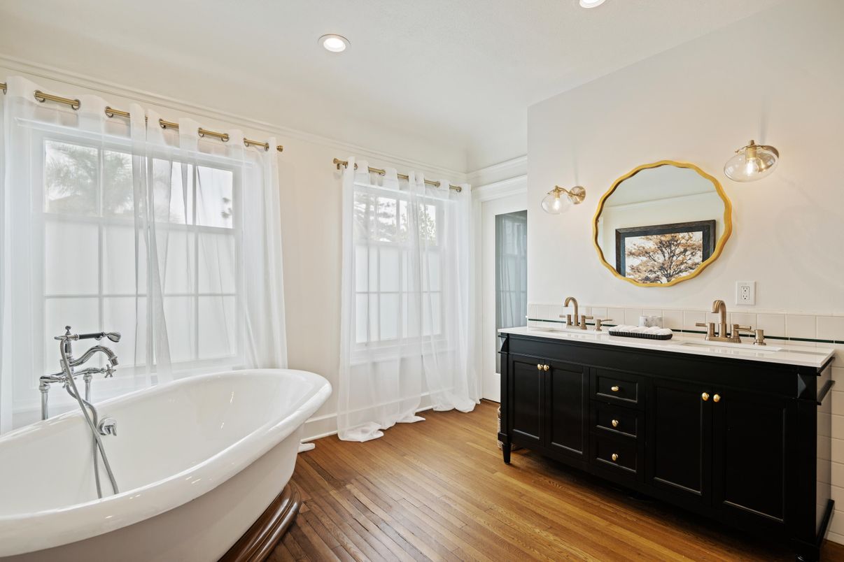 Bathroom, Dual Sink Vanities, Free Standing Baths, Interior, Recessed Lighting, Wood Texture Flooring