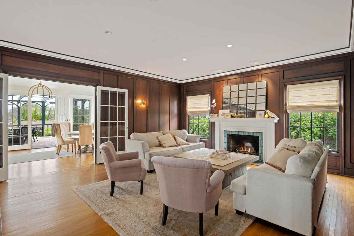 Fireplace, Interior, Living room, Recessed Lighting, Wood Texture Flooring, Wooden Walls