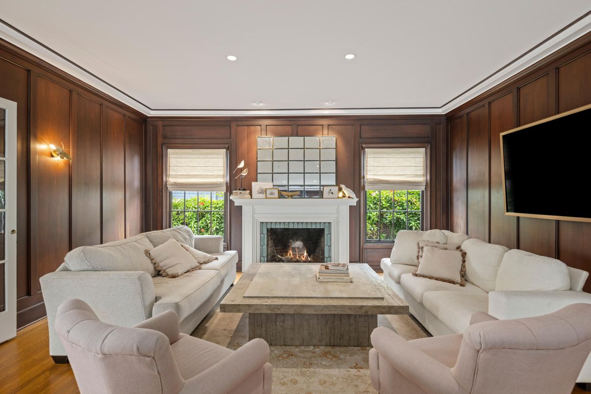 Fireplace, Interior, Living room, Recessed Lighting, Wood Texture Flooring, Wooden Walls
