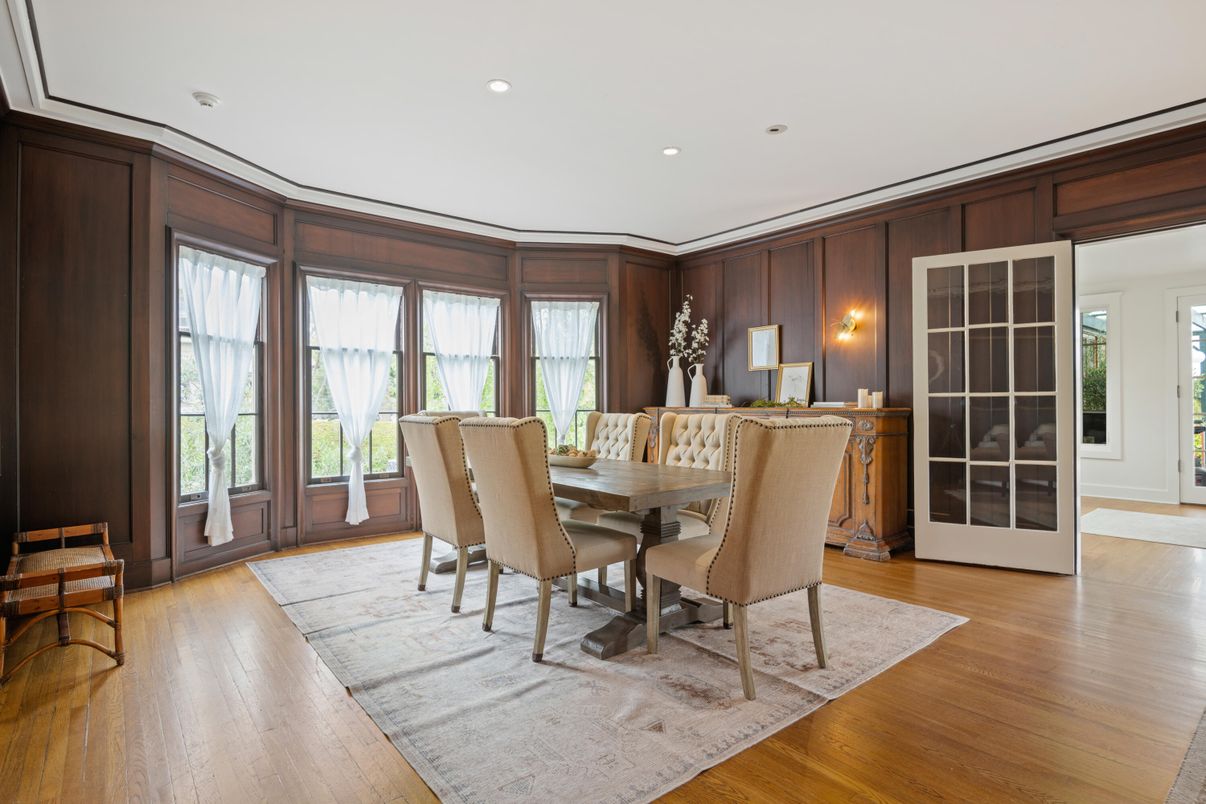 Dining room, Interior, Recessed Lighting, Wood Texture Flooring, Wooden Walls