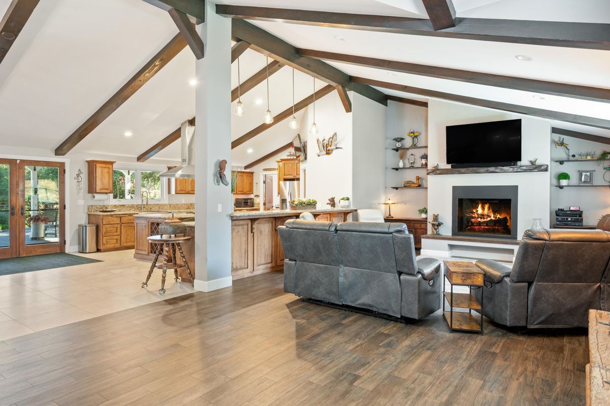 Fireplace, Interior, Kitchen, Living room, Pendant Lights, Recessed Lighting, Wooden Beams, Wood Texture Flooring