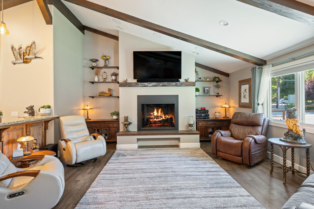 Fireplace, Interior, Living room, Recessed Lighting, Wooden Beams, Wood Texture Flooring