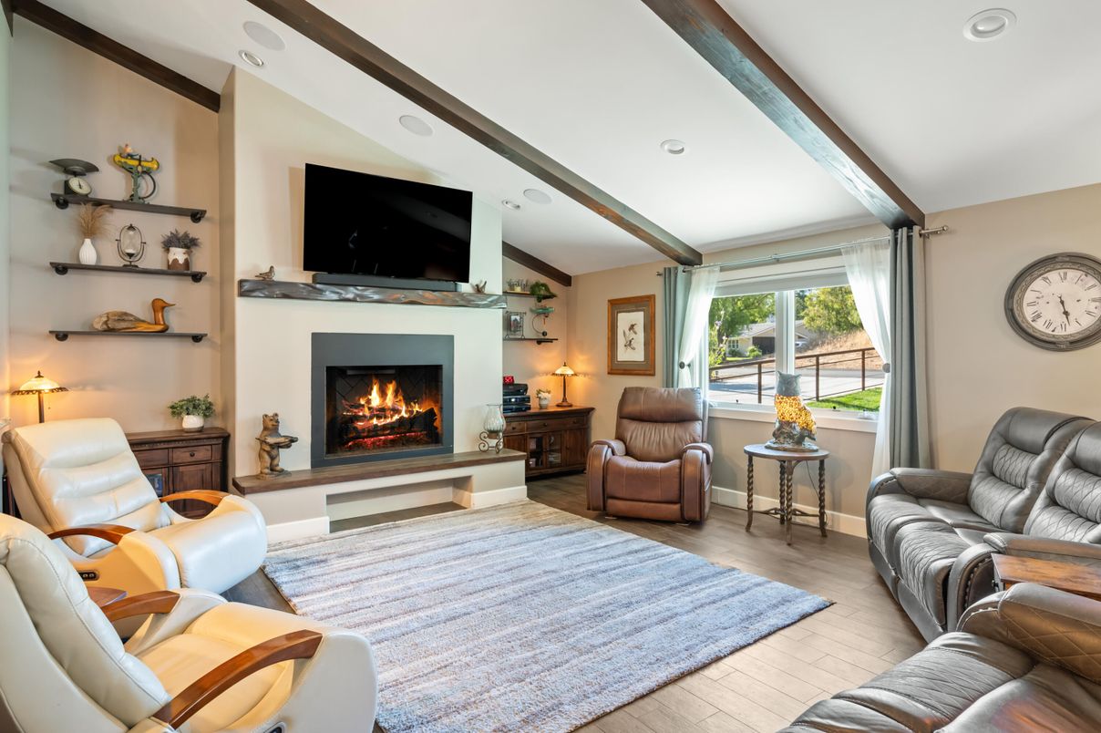 Bedroom, Fireplace, Interior, Living room, Recessed Lighting, Wood Texture Flooring