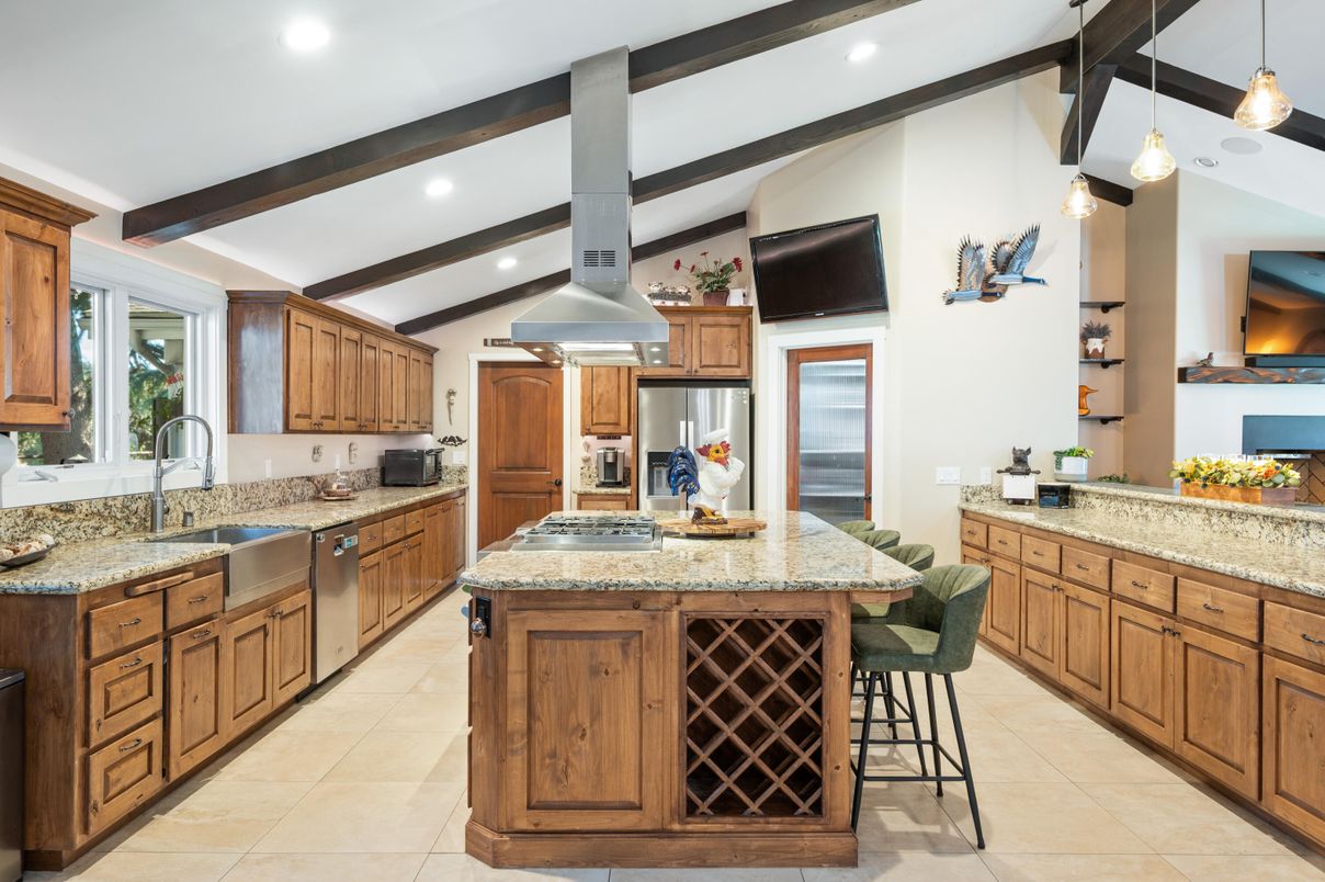 Interior, Kitchen, Pendant Lights, Recessed Lighting, Stainless Steel Appliances, Wooden Beams