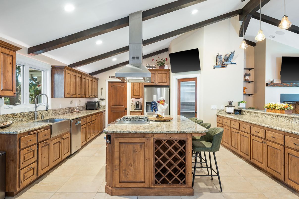 Interior, Kitchen, Pendant Lights, Recessed Lighting, Stainless Steel Appliances, Wooden Beams
