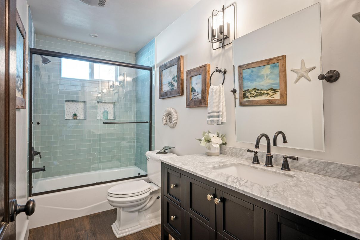 Bathroom, Glass Shower, Interior, Wood Texture Flooring