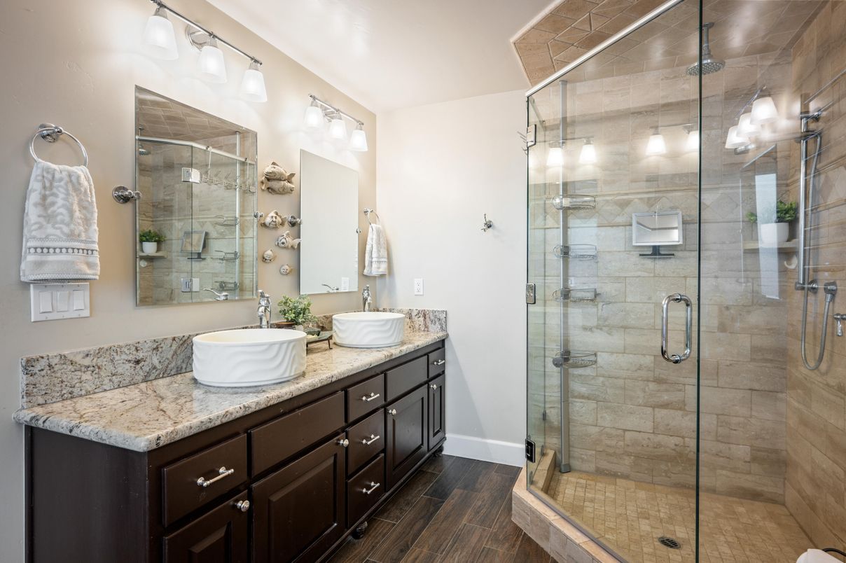 Bathroom, Dual Sink Vanities, Glass Shower, Interior, Wood Texture Flooring