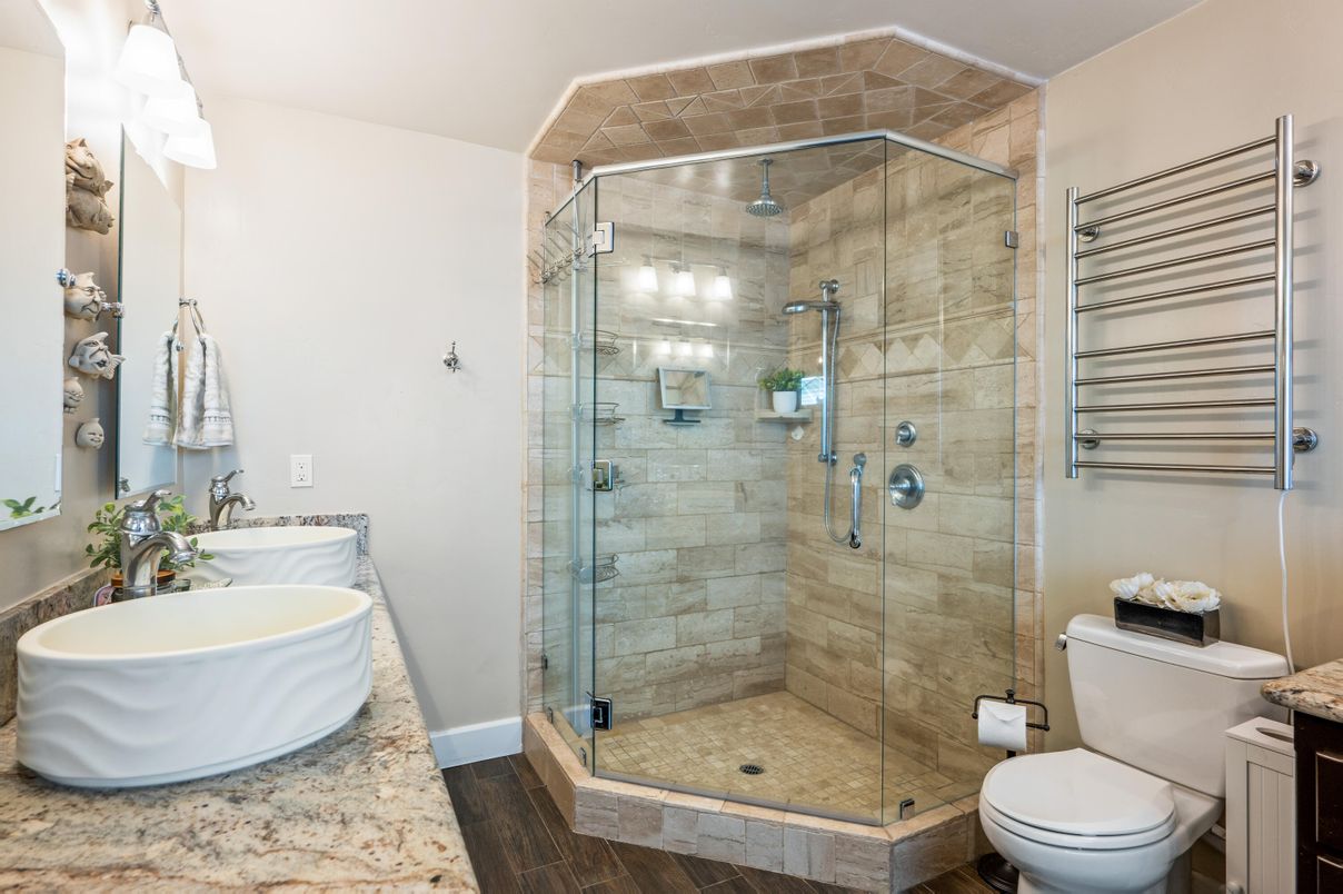 Bathroom, Free Standing Baths, Glass Shower, Interior, Wood Texture Flooring