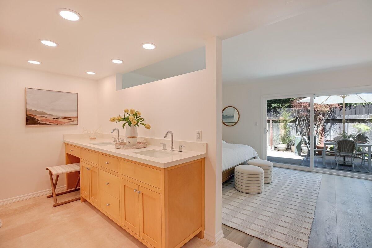 Bathroom, Dual Sink Vanities, Interior, Recessed Lighting, Wood Texture Flooring