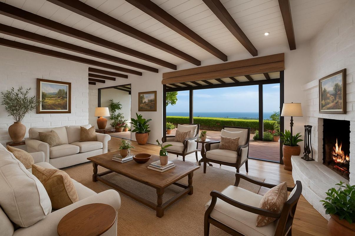 Fireplace, Interior, Living room, Recessed Lighting, Water, Wooden Beams, Wood Texture Flooring