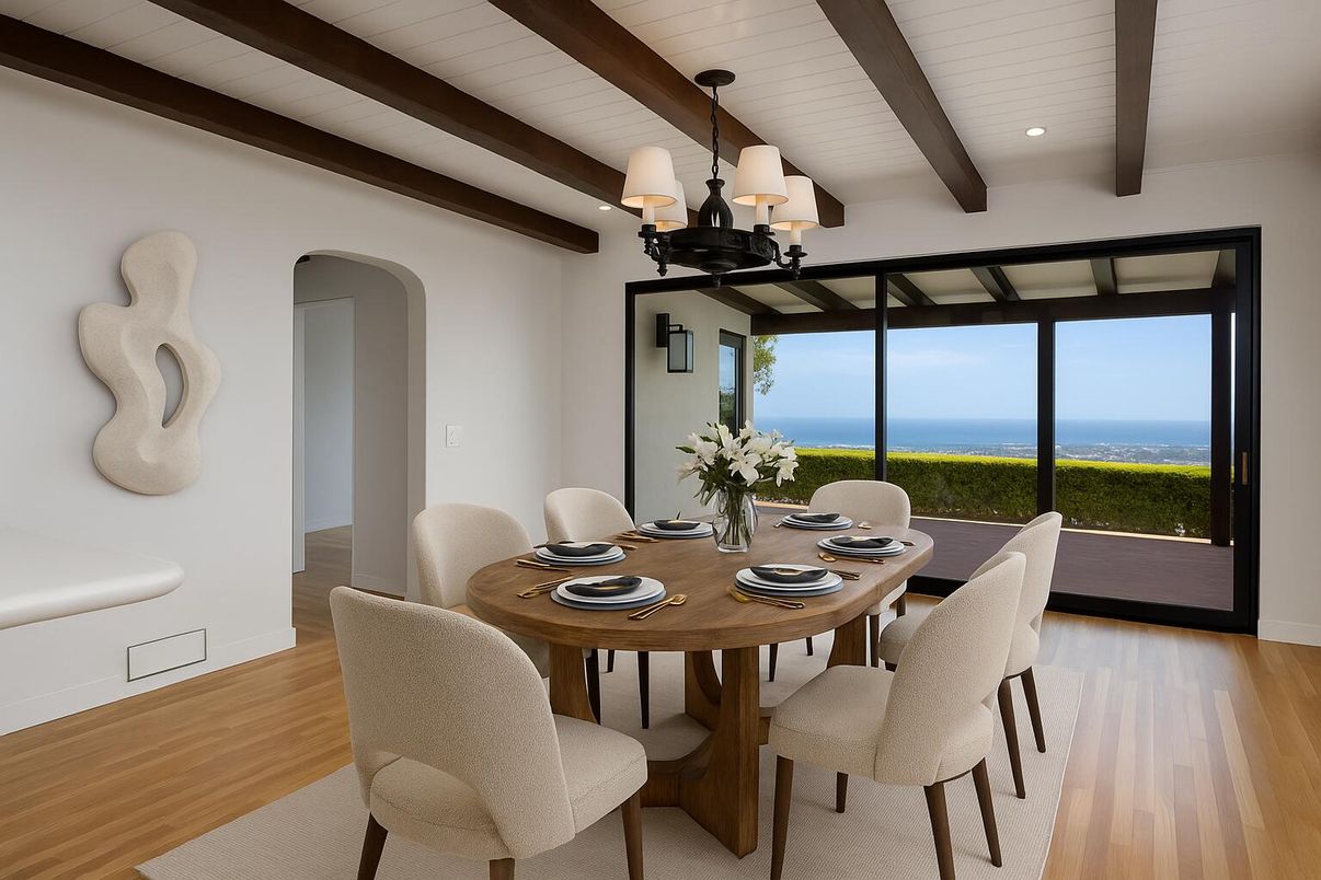 Chandelier, Dining room, Interior, Recessed Lighting, Water, Wooden Beams, Wood Texture Flooring