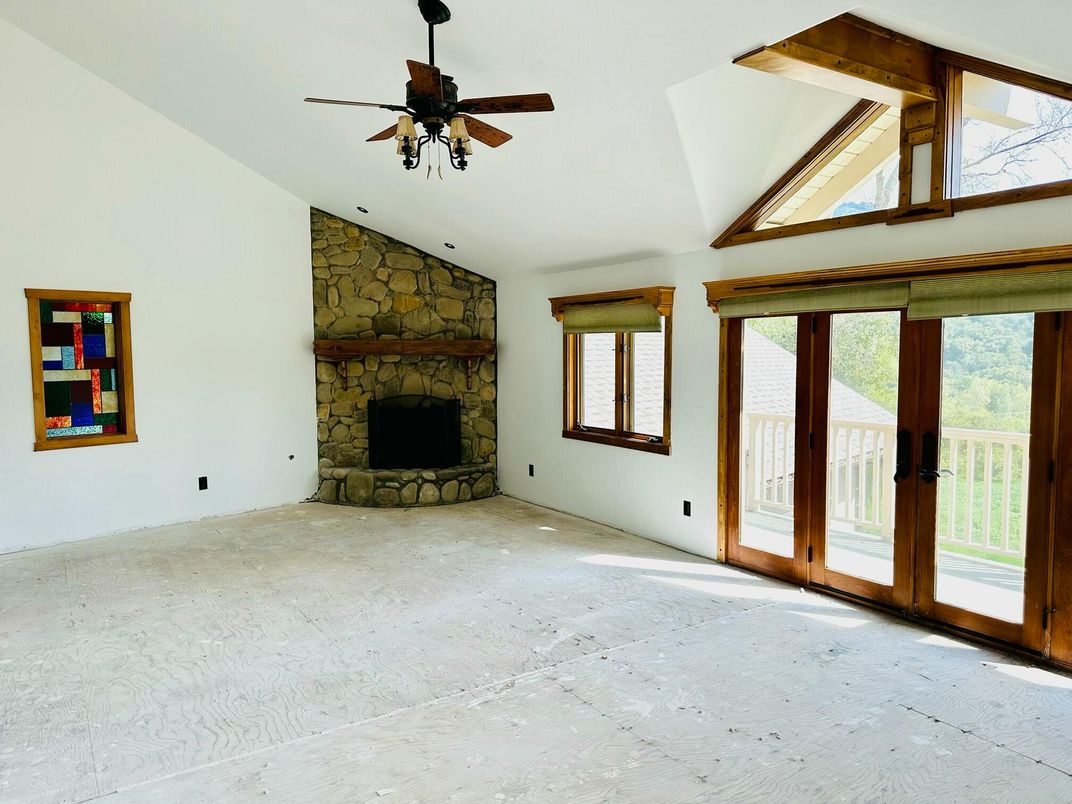 Empty room, Fireplace, Interior, Stone Walls, Wooden Beams