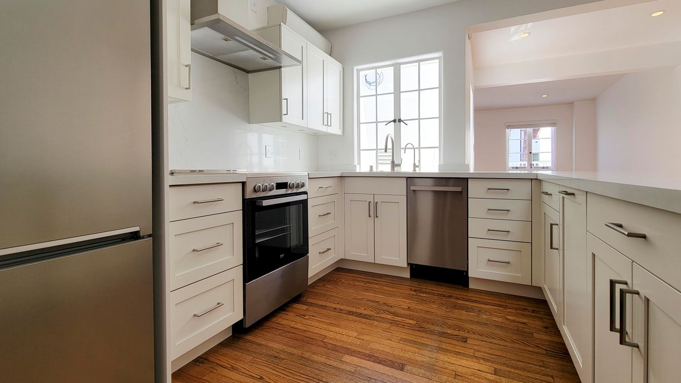 Interior, Kitchen, Recessed Lighting, Stainless Steel Appliances, Wood Texture Flooring