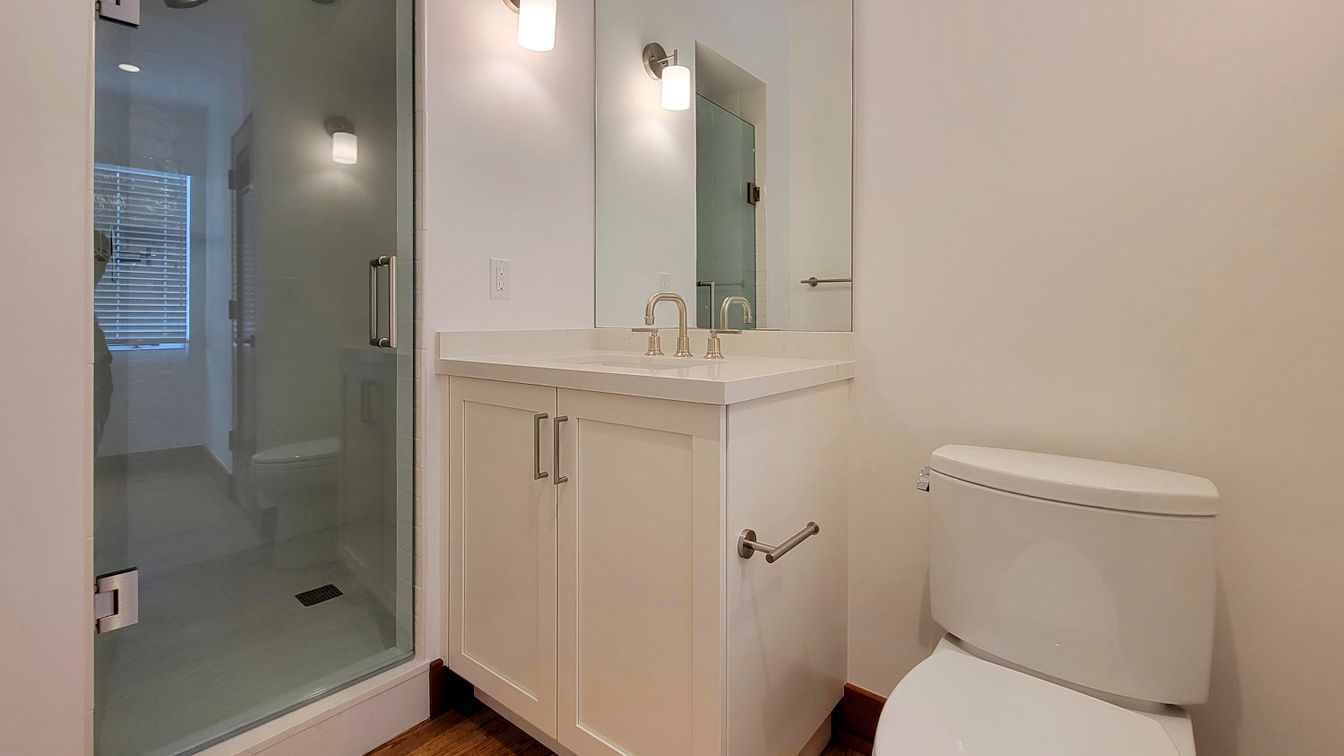Bathroom, Glass Shower, Interior, Wood Texture Flooring