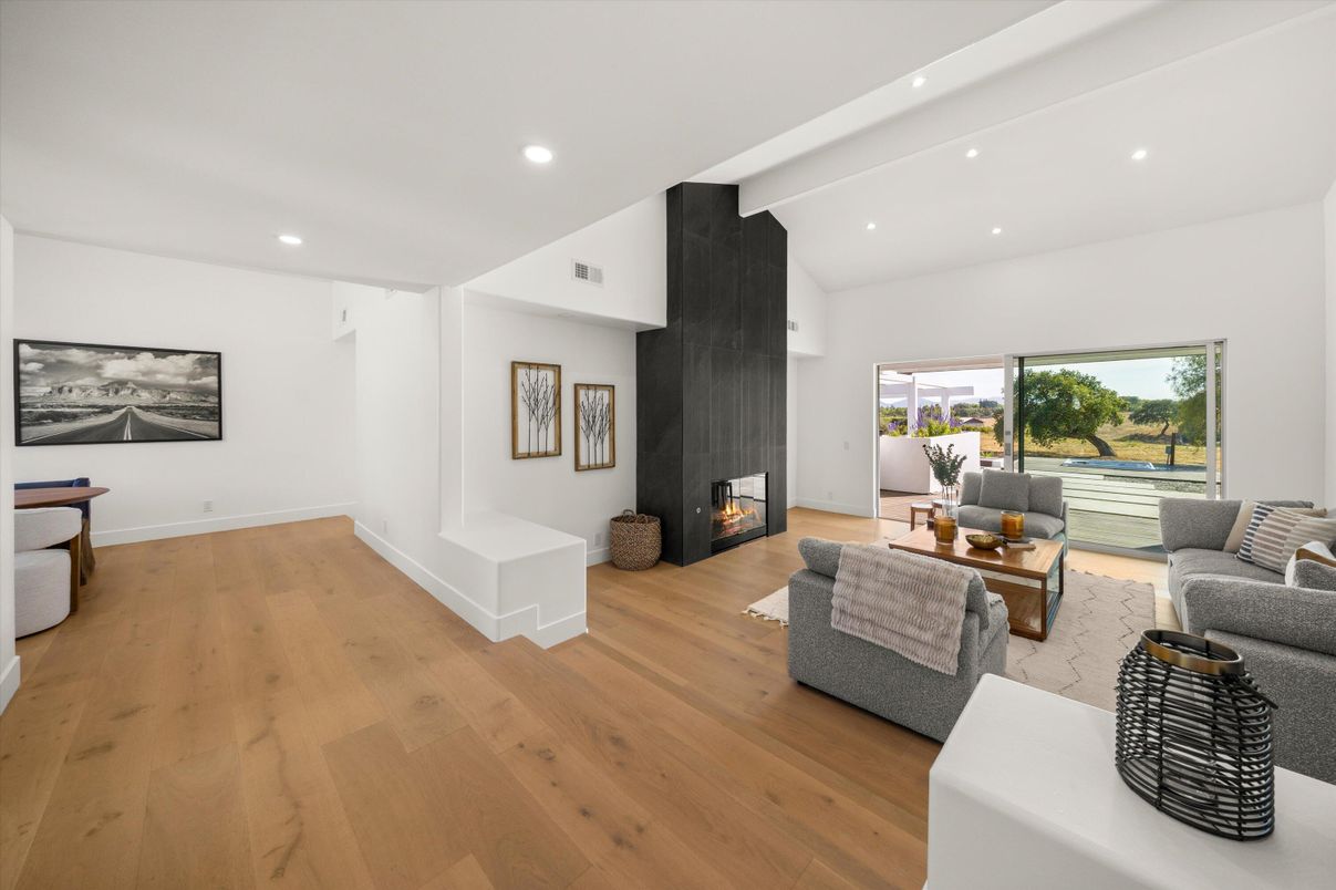Fireplace, Interior, Living room, Recessed Lighting, Wood Texture Flooring