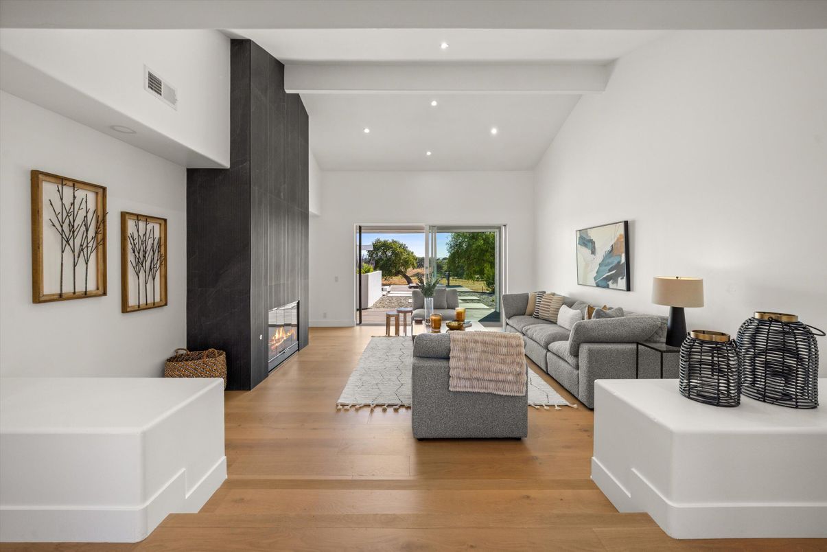 Fireplace, Interior, Living room, Recessed Lighting, Wood Texture Flooring