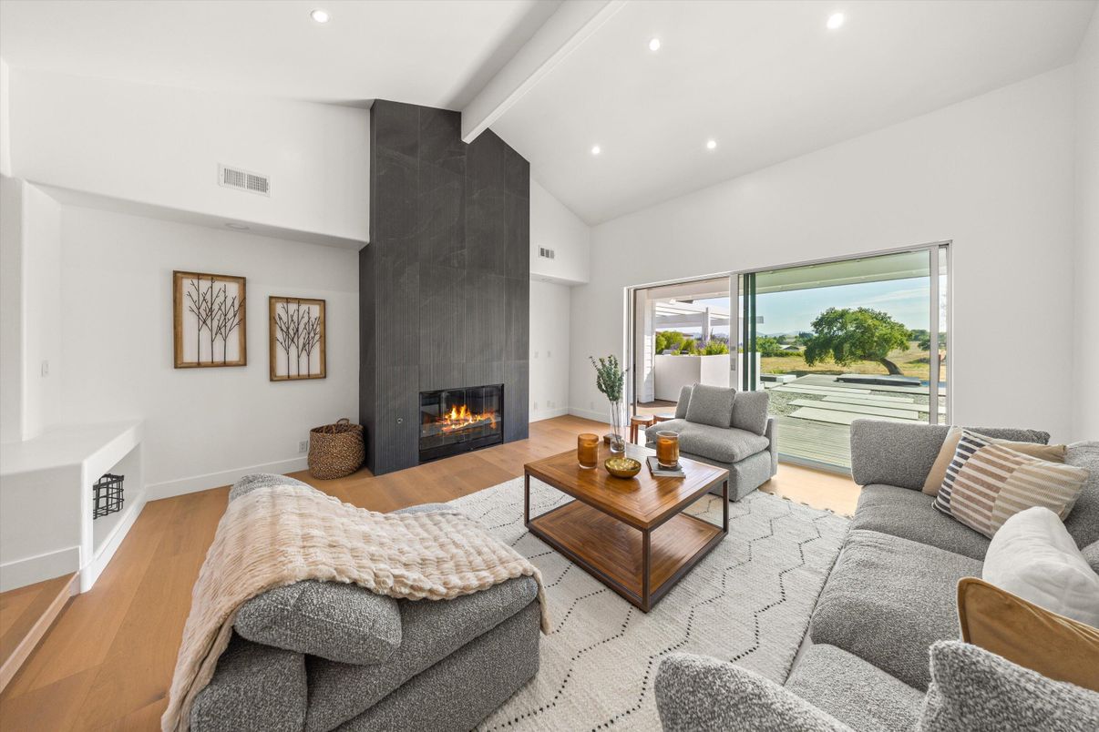 Fireplace, Interior, Living room, Recessed Lighting, Wood Texture Flooring