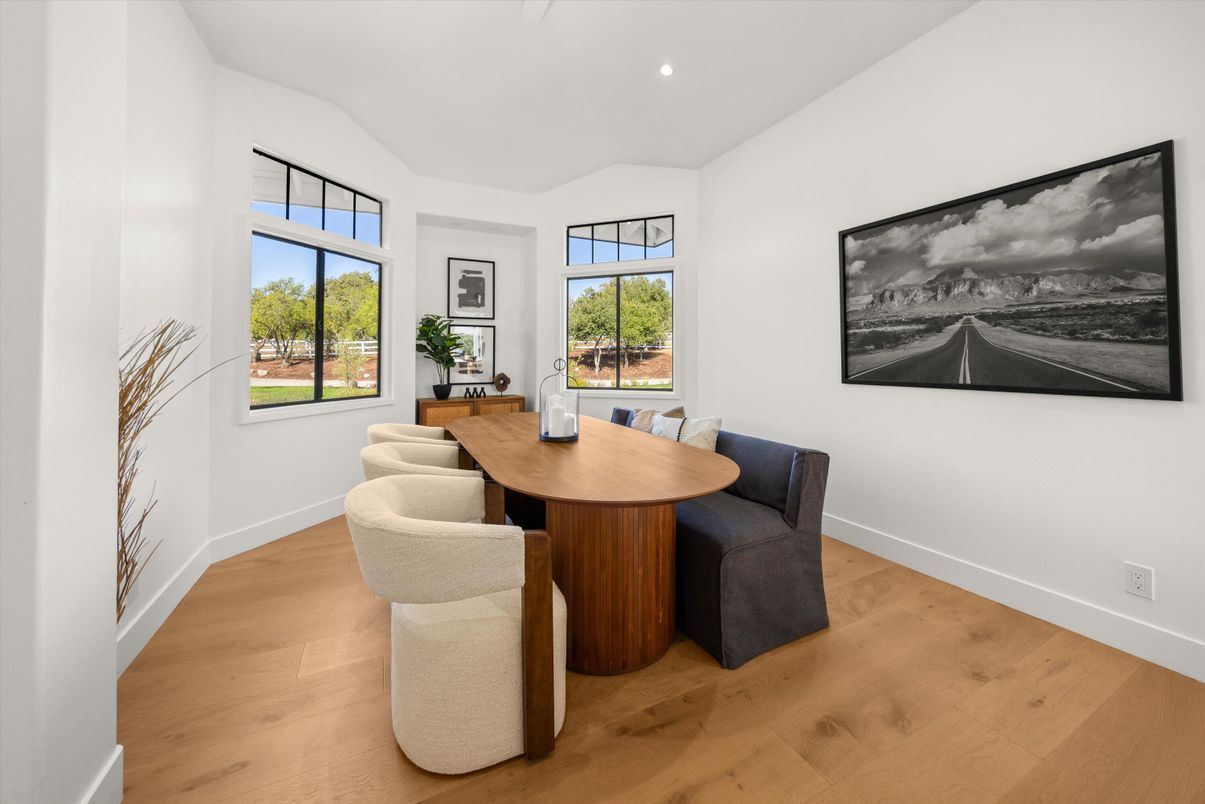 Dining room, Interior, Recessed Lighting, Wood Texture Flooring