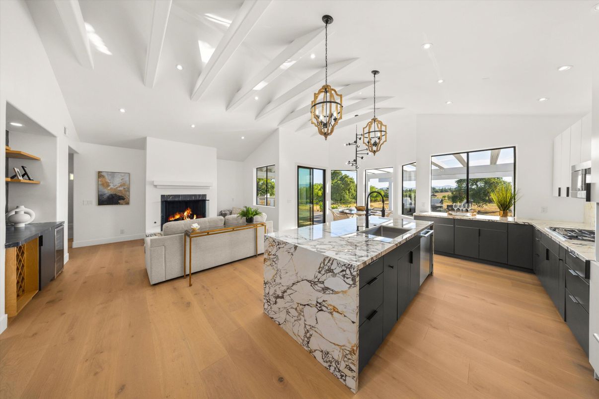 Fireplace, Interior, Kitchen, Living room, Pendant Lights, Recessed Lighting, Wood Texture Flooring