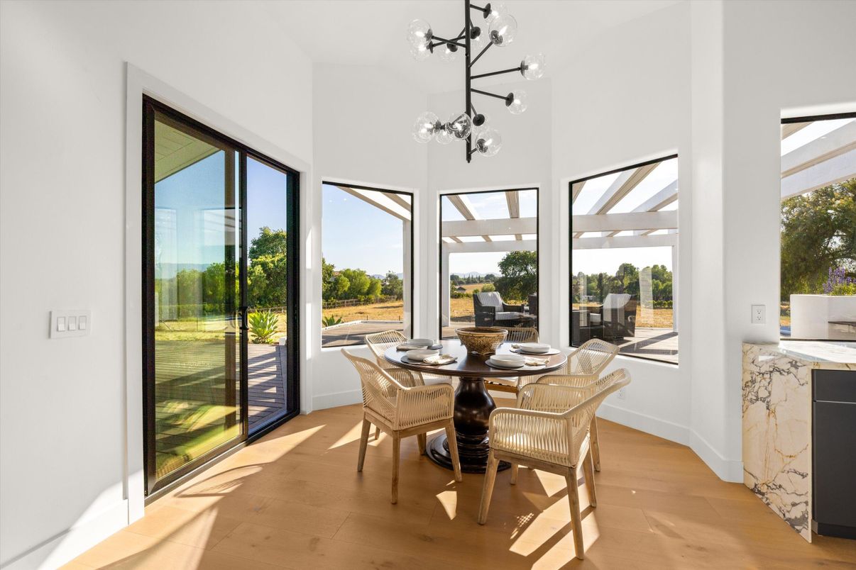 Dining room, Interior, Pendant Lights, Wood Texture Flooring