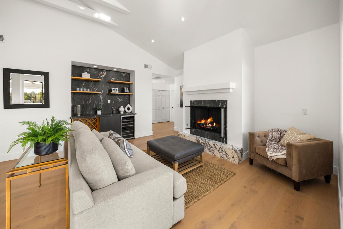 Fireplace, Interior, Living room, Recessed Lighting, Wood Texture Flooring