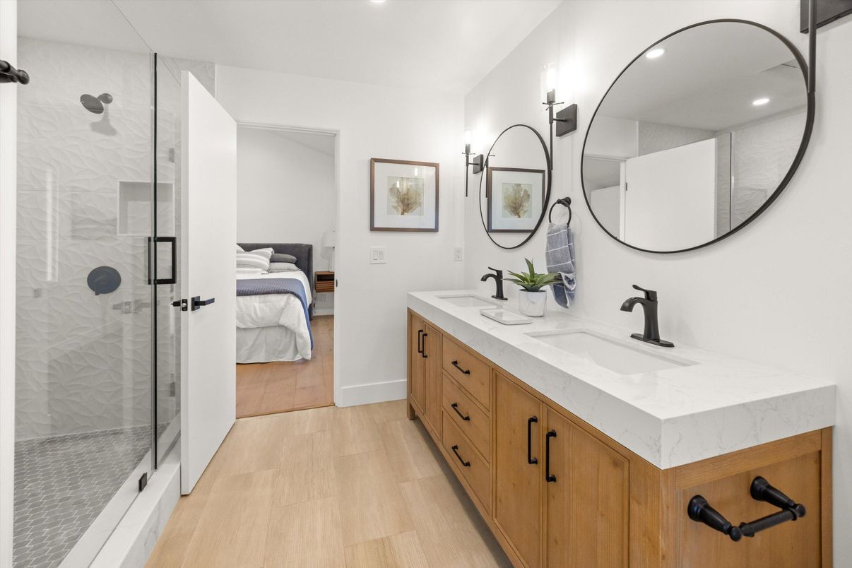 Bathroom, Bedroom, Dual Sink Vanities, Glass Shower, Interior, Recessed Lighting, Wood Texture Flooring