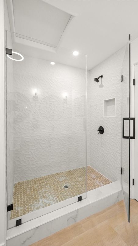 Bathroom, Glass Shower, Interior, Recessed Lighting, Wood Texture Flooring