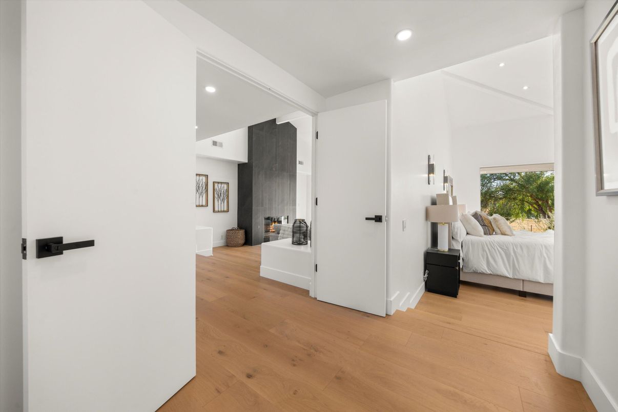 Bedroom, Fireplace, Interior, Recessed Lighting, Wood Texture Flooring