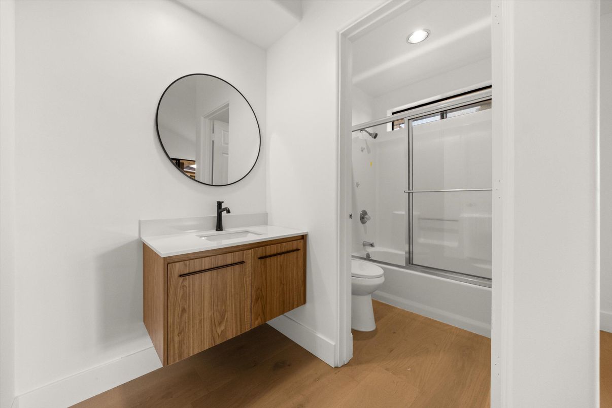 Bathroom, Glass Shower, Interior, Recessed Lighting, Wood Texture Flooring
