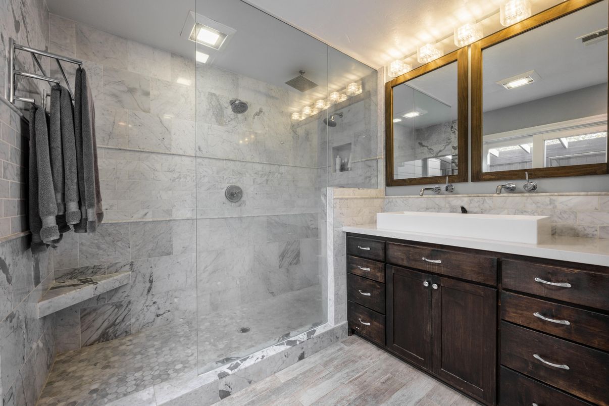 Bathroom, Glass Shower, Interior, Marble Walls, Recessed Lighting
