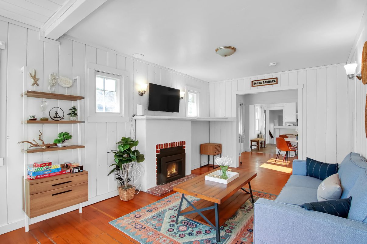 Dining room, Fireplace, Interior, Living room, Wood Texture Flooring