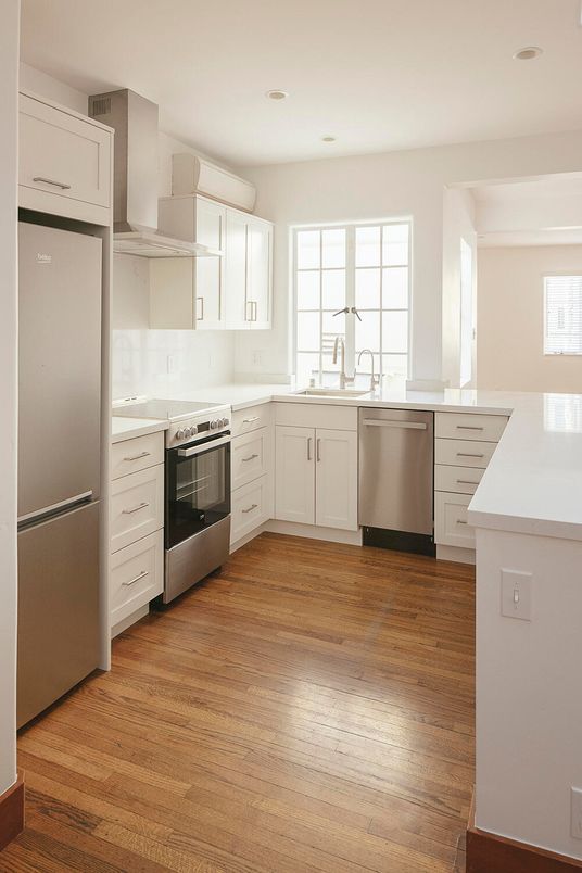 Interior, Kitchen, Recessed Lighting, Stainless Steel Appliances, Wood Texture Flooring